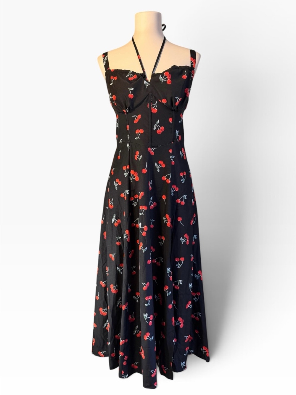 Black Cherry Print Corset Lace-Up Halter Sweetheart Basque Waist Maxi Dress L